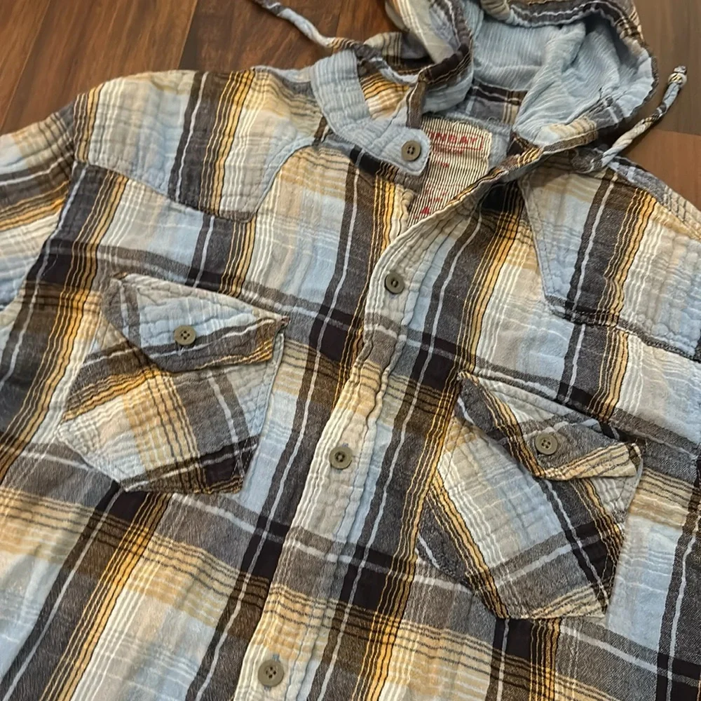 Unionbay Men Plaid Quilted 100% Cotton Long Sleeve Button Down Hooded Shirt sz L